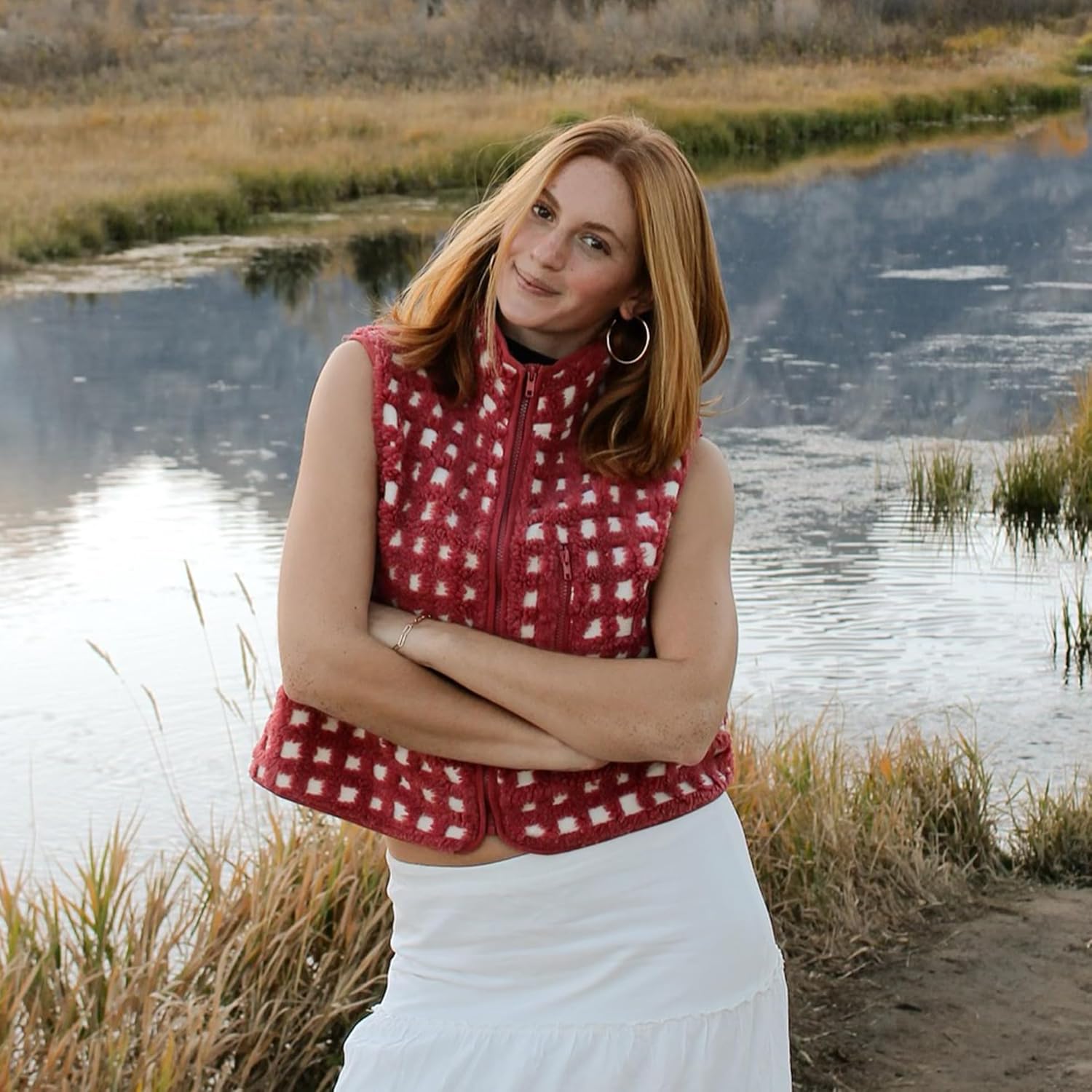 Dam Checkered Sherpa väst Sleeveless Winter Fleece jacka - Image 7