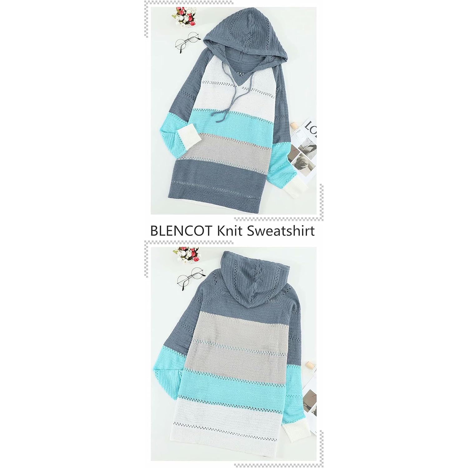 BLENCOT Dam Color Block huva Crochet Striped Sweaters - Image 6
