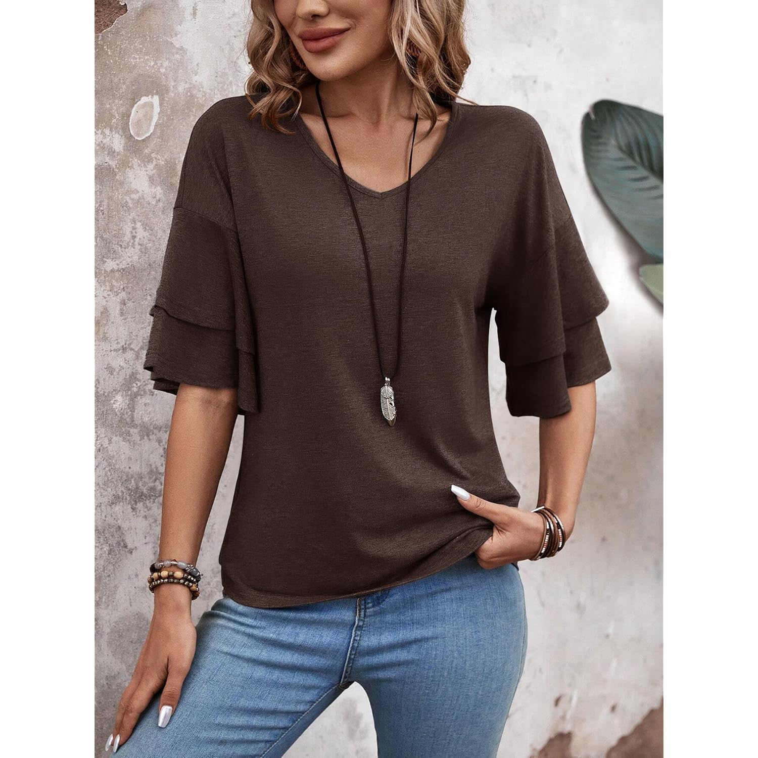 Dam blus Ruffle Sleeve topp v‑ringning skjorta Casual - Image 3