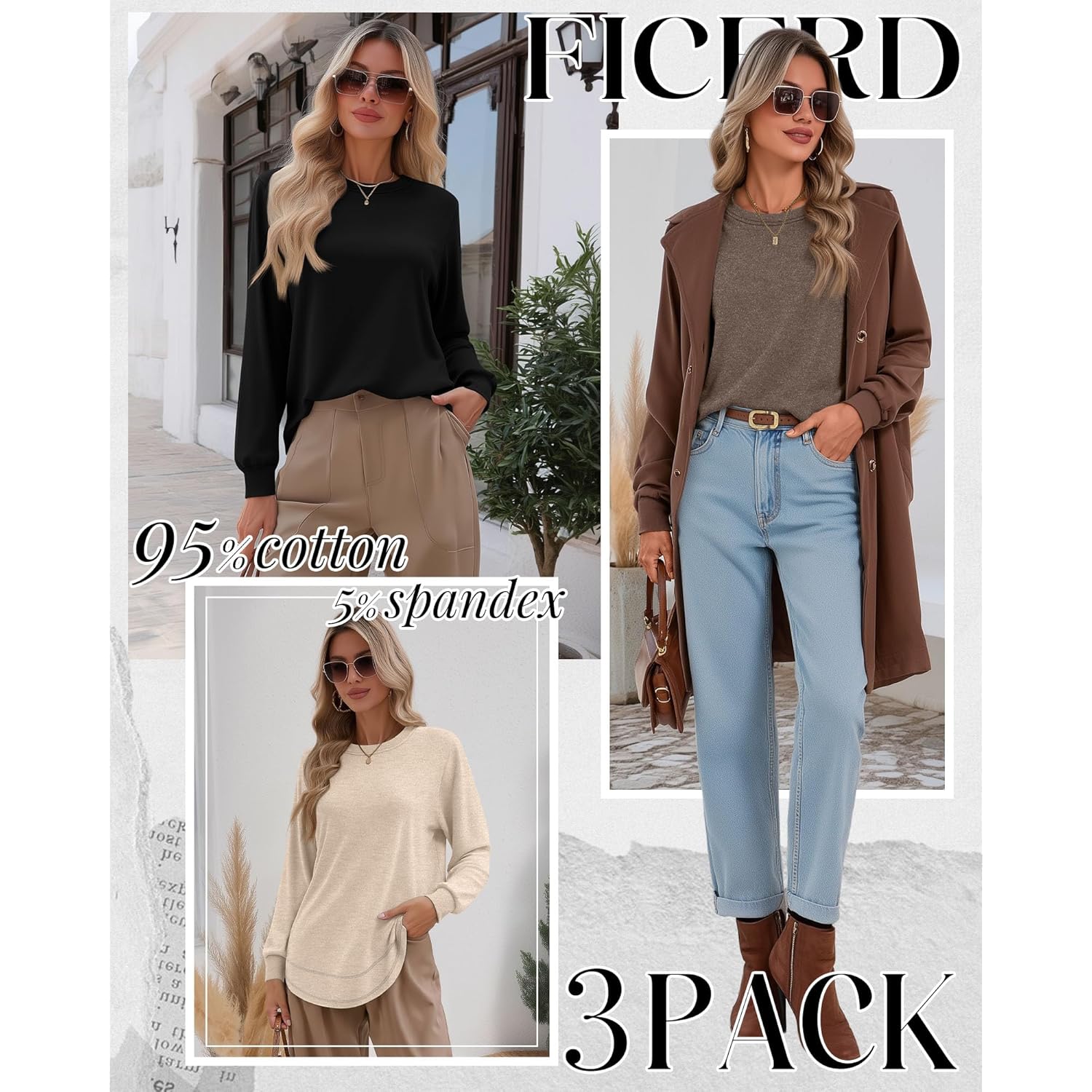 Ficerd 3 Pack Dam Long Sleeve Shirts, bomull - Image 2