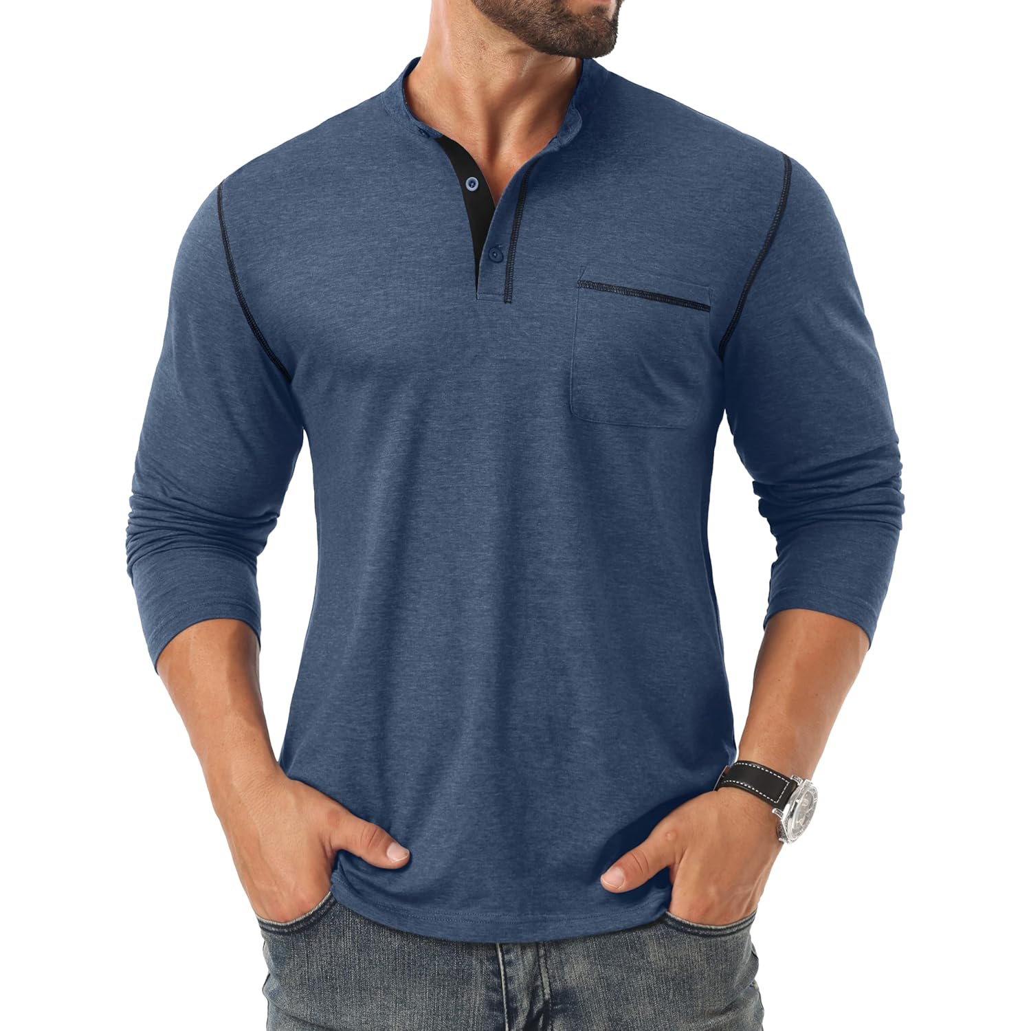 Sailwind Herr Henley Shirts långärmad Button t‑shirt Casual - Image 2