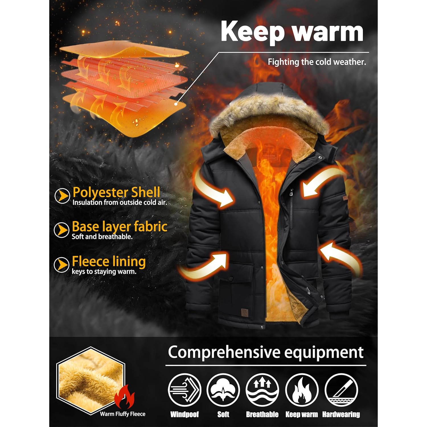 TACVASEN Herr Winter jacka with Hood Water Repellent - Image 3