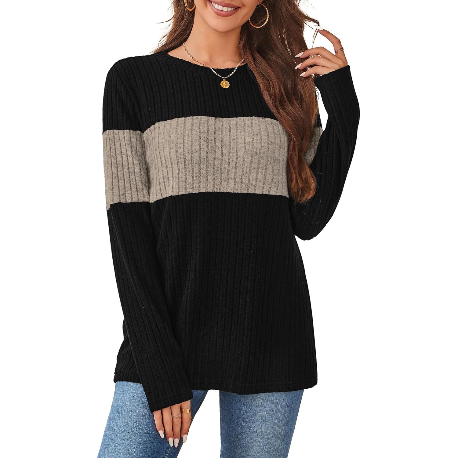 WIHOLL Dam Sweaters Trendy Color Block topp långärmad - Image 3