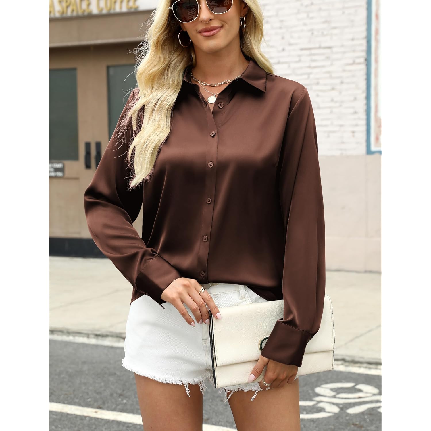 Zeagoo satin blus for Dam Silk knäppning skjorta - Image 2