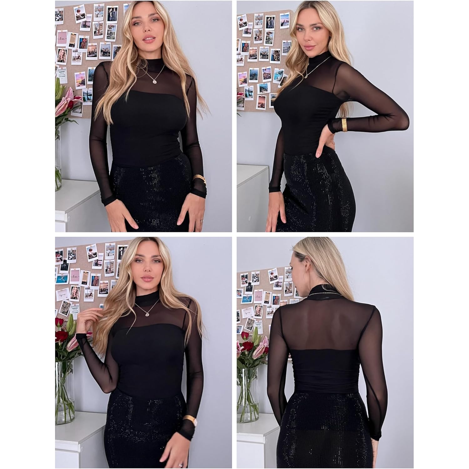 Zeagoo Dam Mesh Sheer långärmad topp Mock Turtle - Image 3