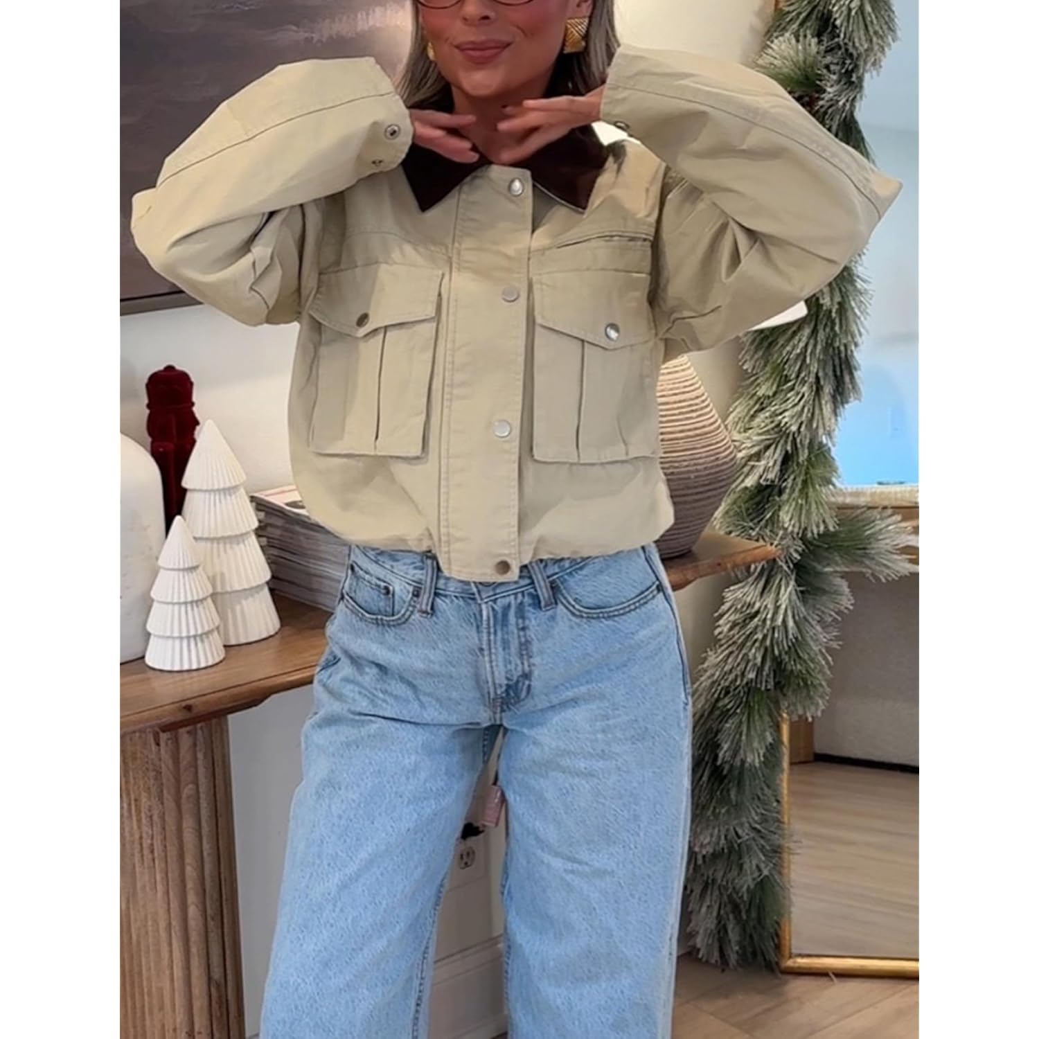 Dam cropped jacka Contrast Collar Utility kappa Cargo - Image 5