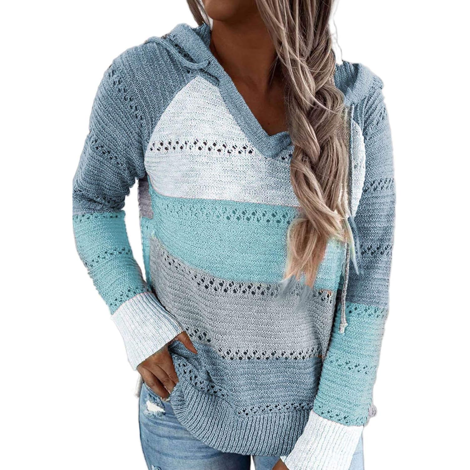 BLENCOT Dam Color Block huva Crochet Striped Sweaters