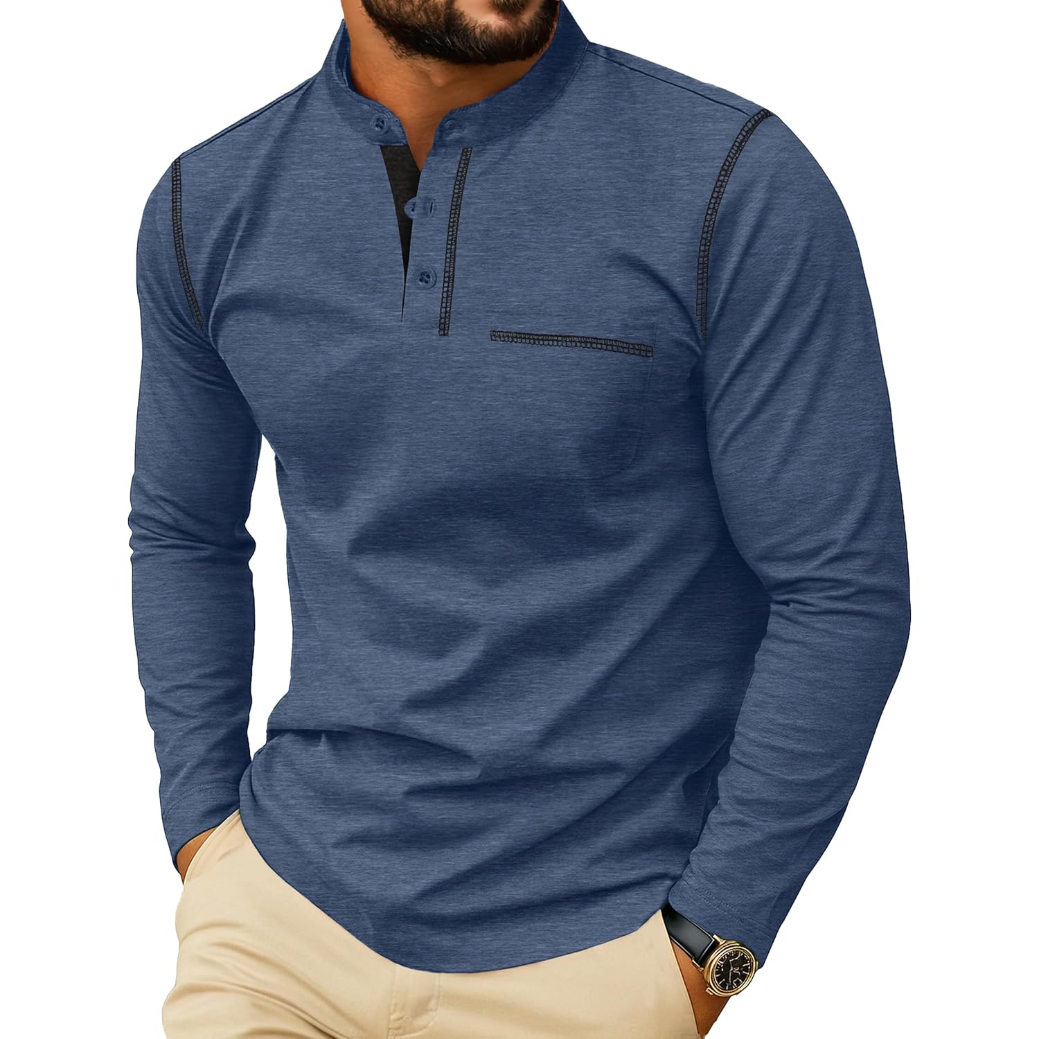 Sailwind Herr Henley Shirts långärmad Button t‑shirt Casual