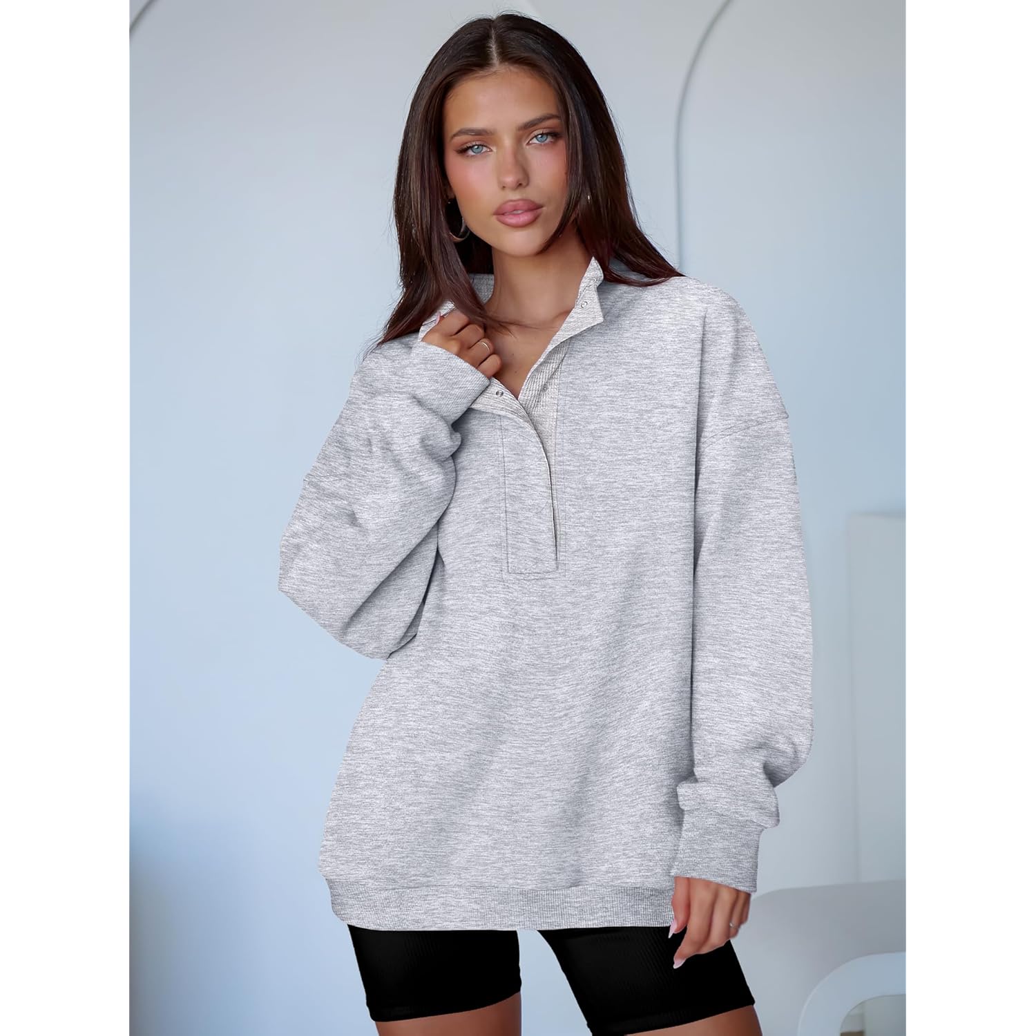 ANRABESS Dam oversized sweatshirt Long Sleeve Henley pullover - Image 2
