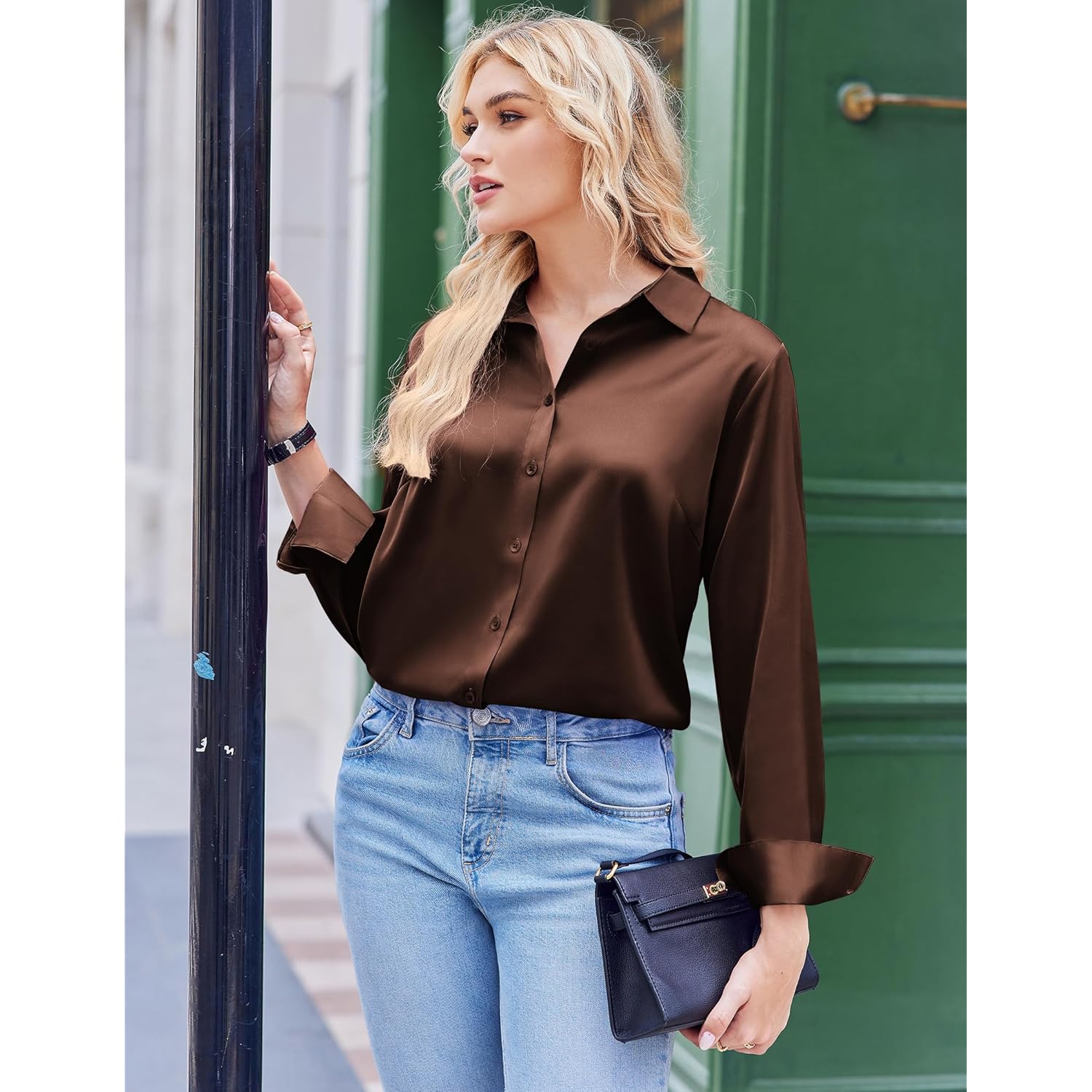 Zeagoo satin blus for Dam Silk knäppning skjorta - Image 3