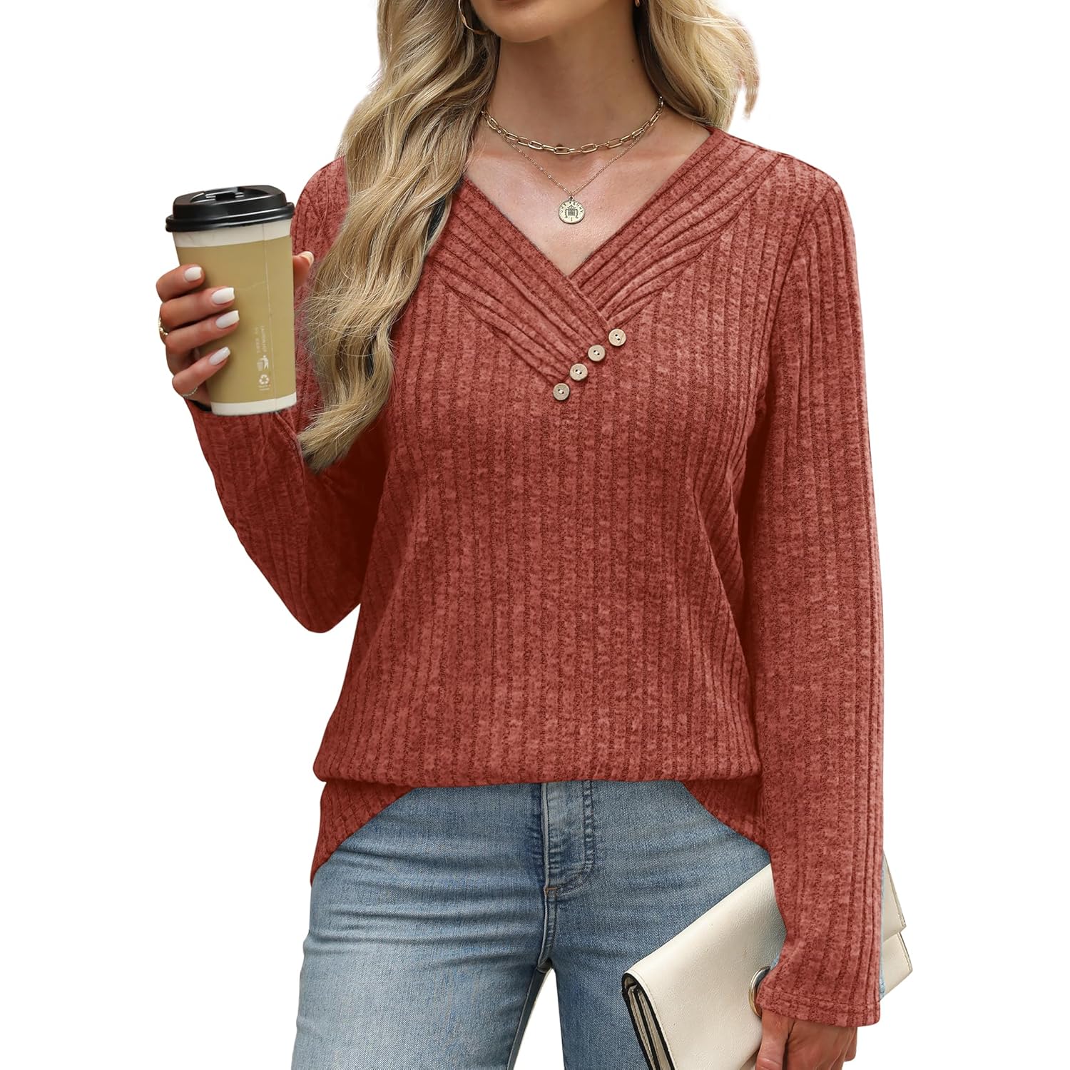 SAMPEEL Sweaters for Dam långärmad skjorta v‑ringning topp - Image 3