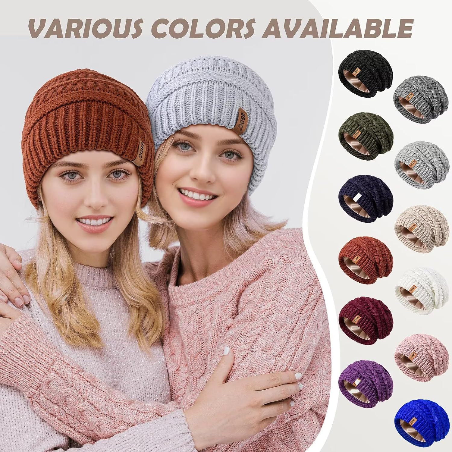 3 Pack Satin Lined beanie for Women, Warm - Image 6