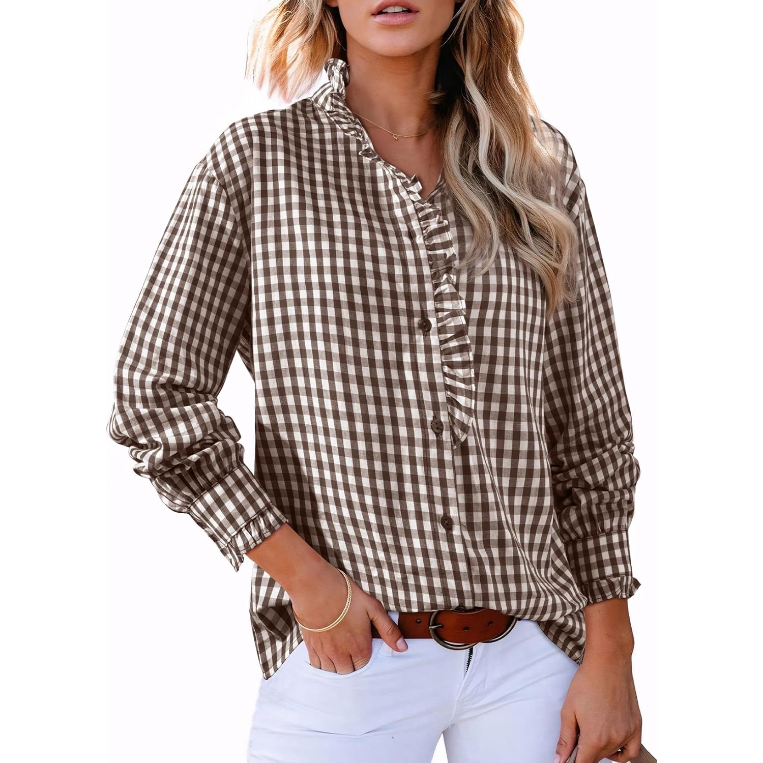 Astylish Dam Plaid Ruffle v‑ringning knäppning blus Casual - Image 4