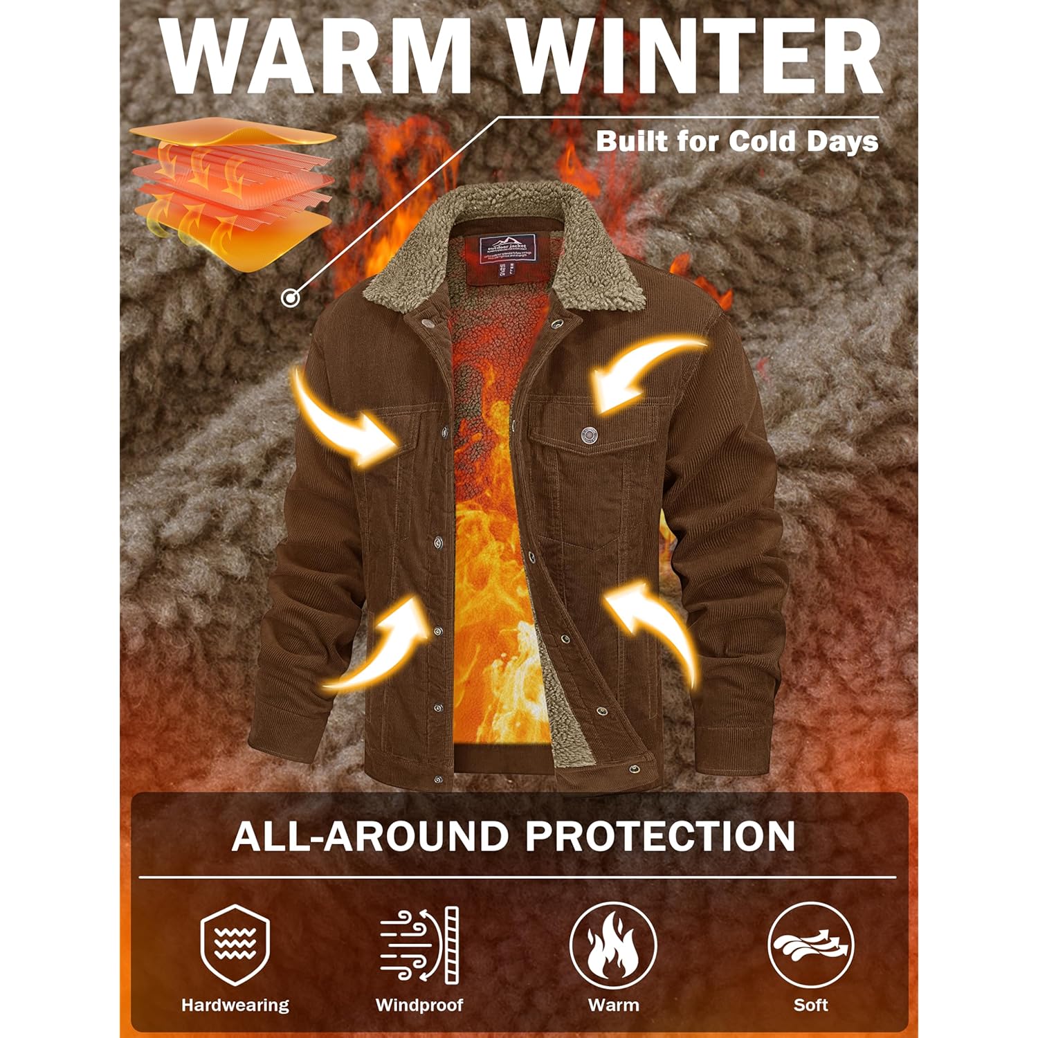 MAGCOMSEN Herr Corduroy jacka Winter Sherpa Lined Warm - Image 2