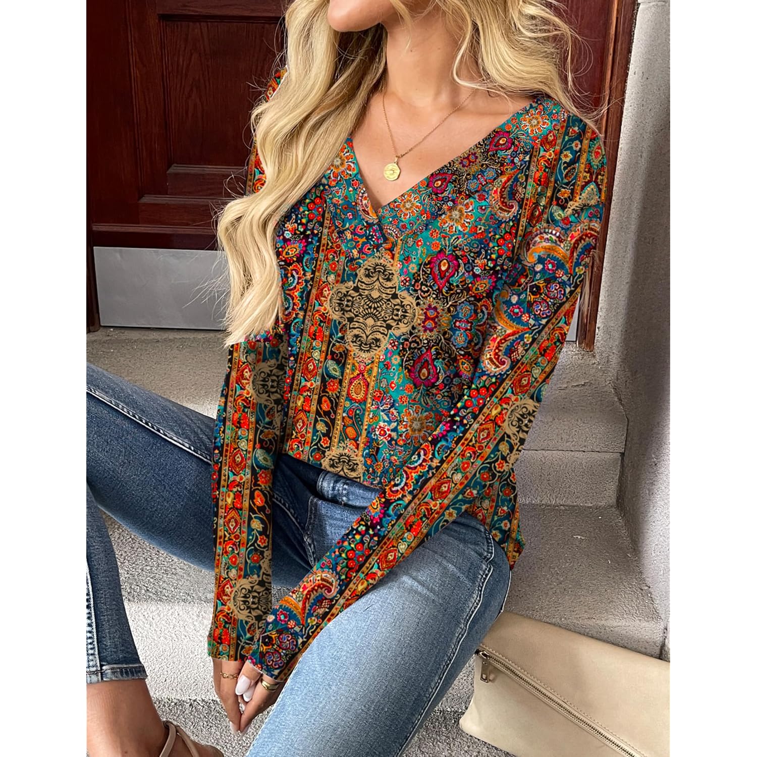 Zeagoo Dam långärmad topp Dressy Casual v‑ringning Tshirts - Image 3