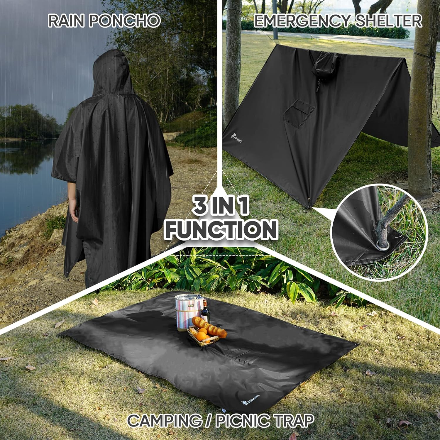 PTEROMY Hooded Rain Poncho for Adult with Pocket, - Image 2
